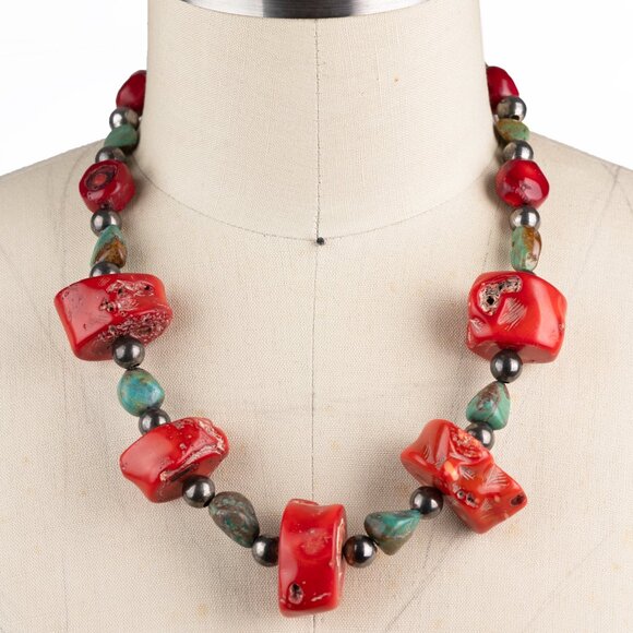 Turquoise and Chunky Red Coral  & Silver Bead Statement Vintage Necklace - Picture 2 of 8